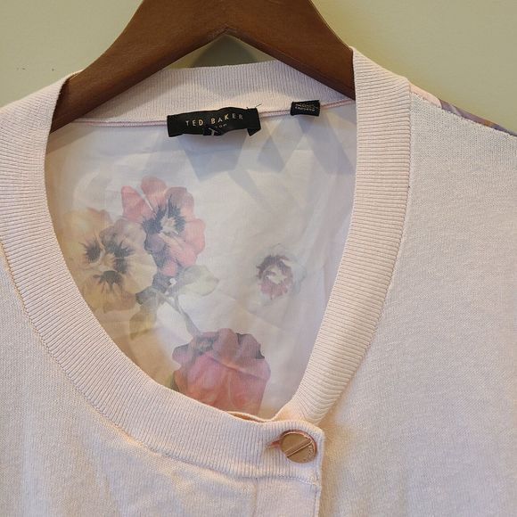 Ted Baker Womens Floral Knit Cardigan Sweater Pink Size 1 Asymmetrical Designer - Picture 3 of 10